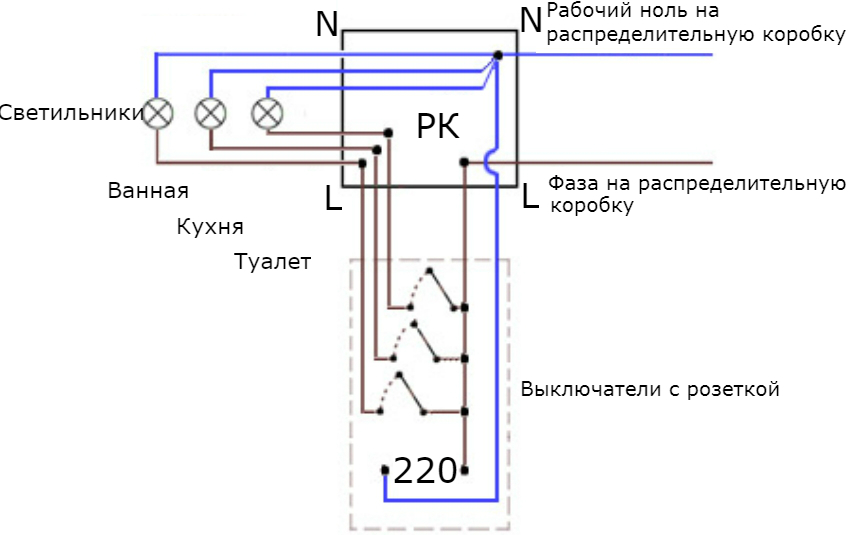 Схема подключения розетки с трехклавишным выключателем
