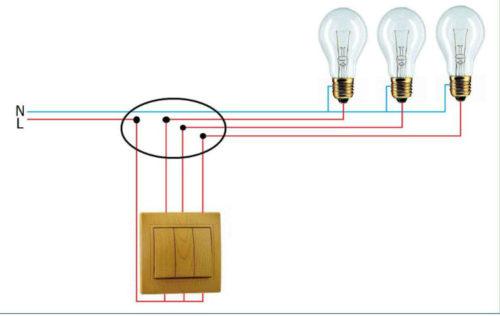 Схема подключения трех лампочек через трехклавишный выключатель