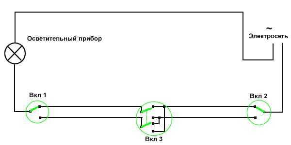 Схемы подключения различных проходных выключателей с 2-х мест